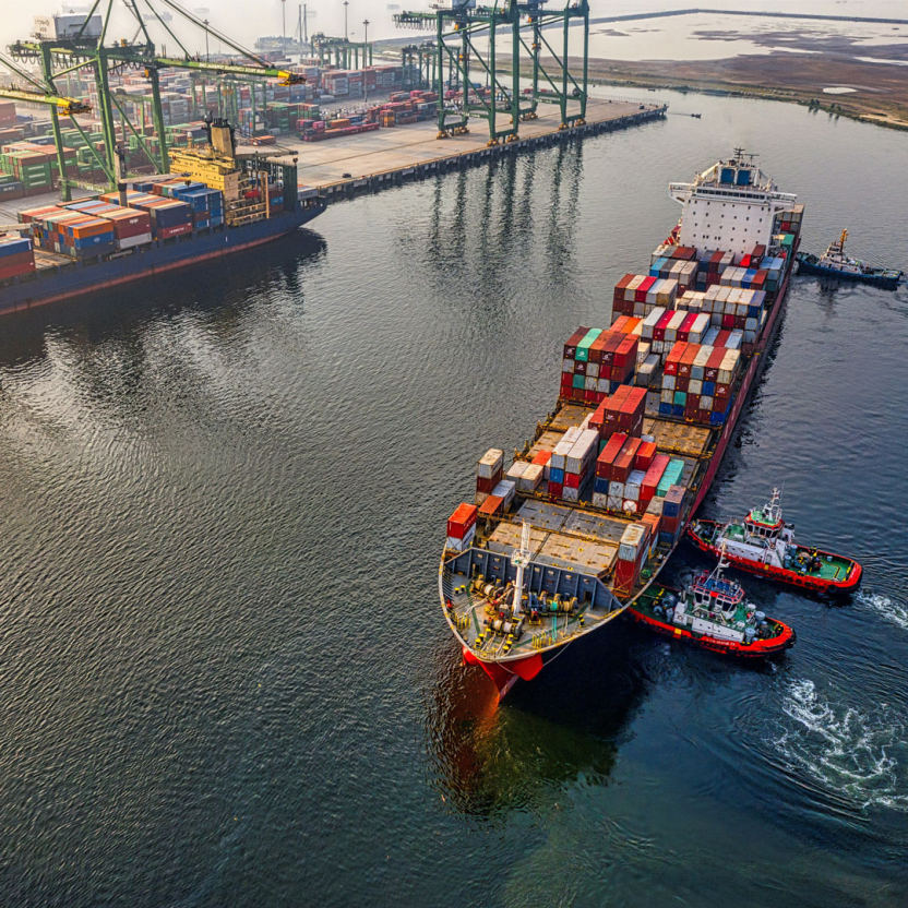 container ship near an intermodal port